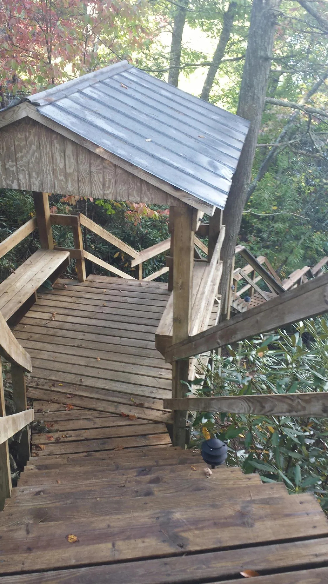 Metal roofed shelter over wooden steps on a wooded walkway — Skylight Repair & Installation work by our crew in The Plains